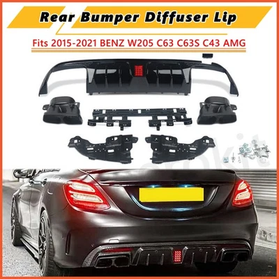 Rear Bumper Diffuser Lip Tailpipe Tips W/LED For 15-21 Benz W205 C63 C43 B Style - Image 1 of 4