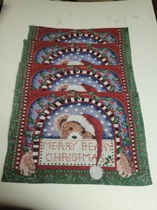 Vintage Set of 4 Merry Beary Christmas Tapestry Placemats Holiday USA Made 18x13 - Picture 1 of 5