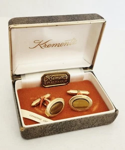 Vintage Krementz Cufflinks 14k Gold Overlay Tiger's Eye in Original Box - Picture 1 of 4