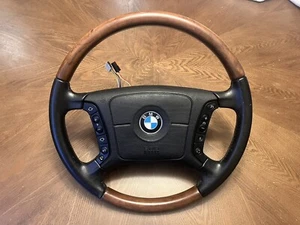 1994-2003 for BMW E38 E39 7 & 5 Series Steering Wheel Walnut Wood Black Leather - Picture 1 of 4