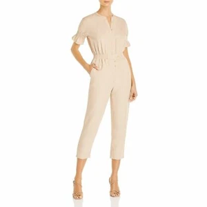 Joie Womens Tan Smocked Short Sleeves Round Neck Buttoned Crop Jumpsuit Large - Picture 1 of 11