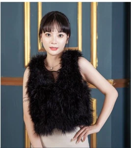 Girl's Real Ostrich Feather Fur Vest Warm Waistcoat Casual Coat Short Black - Picture 1 of 10