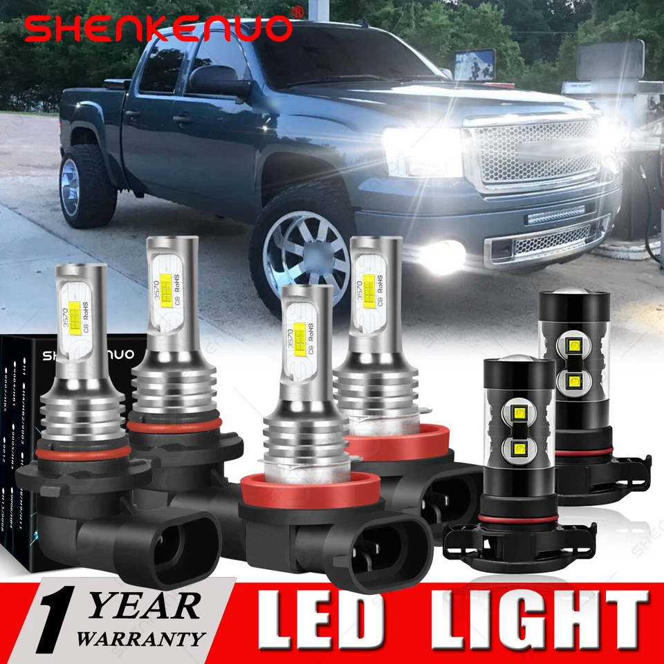 For GMC Sierra 1500 2500 3500 2007-2013 White LED Headlights+Fog Light bulbs Kit - Image 1 of 4