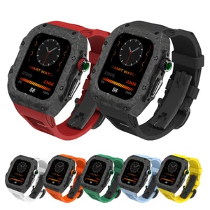 Boîtier en fibre de carbone de luxe bracelet caoutchouc pour Apple Watch 44/45/46/49 mm str - Photo 1 sur 15