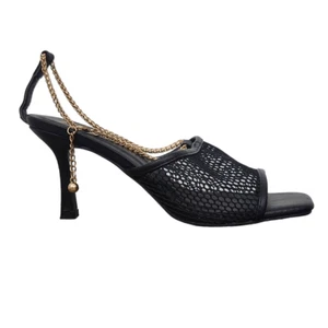 Nanette Lepore Winsky Black Mesh Sandals Gold Chain 7 Black Open-Toe Mesh Shoes - Picture 1 of 12