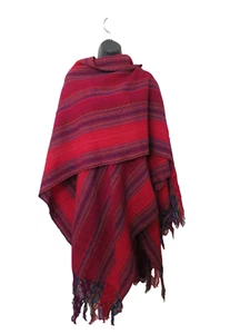 Traditional Mexican Fringed Shawl Red Stripe Handwoven 100% Wool Oaxaca Mexico - Picture 1 of 9