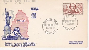 Enveloppe 1er jour 299 1959 Bartholdi Lion de Belfort & Statue de la Liberté - Imagen 1 de 2