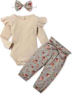 Newborn Baby Girl Clothes Ribbed Ruffle Sleeve Romper + Floral Pants + Headband  - Picture 1 of 12