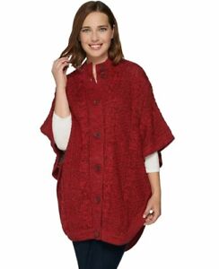 Denim & Co Stand Collar Button Front Cable Poncho Sweater Womens Large Red Wine