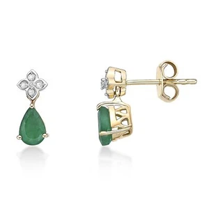 10K Yellow Gold Earrings Oval Emerald Diamond Accent - Picture 1 of 6