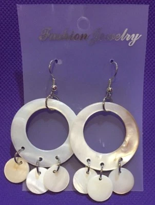 Hoop Abalone white shell disk earrings Odd Unique Rare Christmas Gifts Birthday  - Image 1 of 4