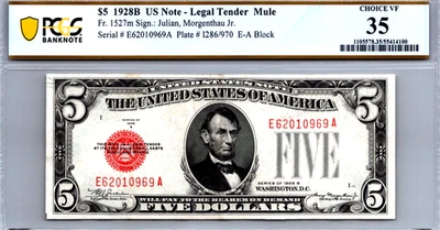 $5 1928-B Legal Tender Red Seal MULE PCGS 35 CVF Fr. 1527m - Image 1 of 3
