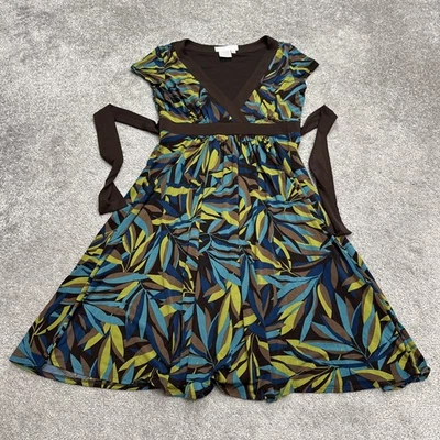Maggy London Vintage Leaf Print Midi Wrap Dress Womens 6P Brown Blue Casual Boho - Image 1 of 4