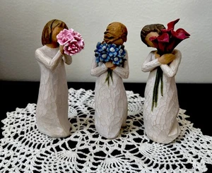 3 Willow Tree Girls With Flowers Bloom, Thank You, Forget-Me -Not Demdaco EUC - Picture 1 of 17