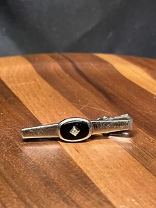 VINTAGE SILVER TONE ANSON FAUX DIAMOND & ONYX TIE CLIP - Picture 1 of 5