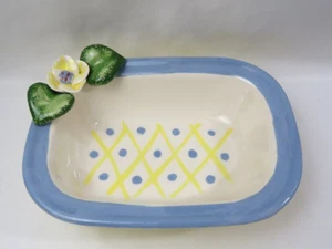 USA Studio Art Pottery Signed Bowl Dish Hand Painted Applied Flower Yellow Blue - Picture 1 of 8