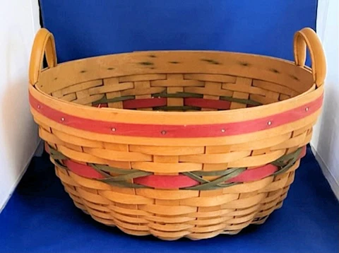 LONGABERGER 1999 LARGE 13" ROUND BASKET w/LEATHER HANDLES, RED & GREEN ACCENTS Cover