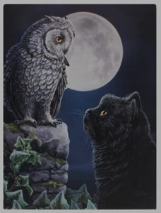 PURRFECT WISDOM SMALL MOUNTED CANVAS PICTURE PRINT LISA PARKER OWL CAT FULL MOON - Picture 1 of 1