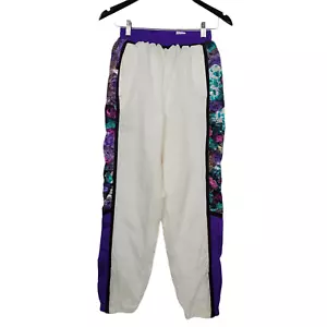 Vintage Windbreaker Pants Womens Size Medium White Purple Floral Striped Warm Up - Picture 1 of 11