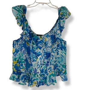 Lauren Ralph Lauren 100% Silk Ruffle Top Size 16 Floral Romantic Coquette Resort - Picture 1 of 10