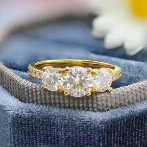 14K Yellow Gold Plated 2 Ct Round Cut Real Moissanite 3 Stone Engagement Ring - Picture 1 of 6