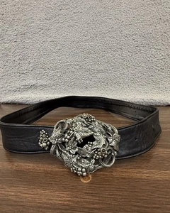 Cintura vintage Fahrenheit in pelle nera grande fibbia gioiello ricca zia vite uva - Foto 1 di 8