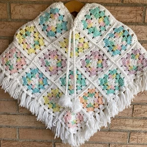 Vintage Granny Hand Knit Crochet Poncho Shawl pastel square pom pom Boho Hippie - Picture 1 of 10