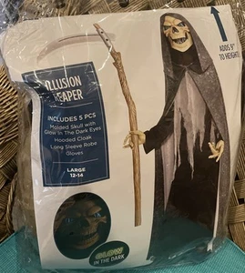 ILLUSION REAPER COSTUME CHILD L 12-14 9” + HEIGHT GLOWS IN THE DARK SKULL/CLOAK+ - Picture 1 of 2