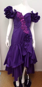 VTG 1980s Alyce Designs Long Purple Party Dress Size 14 Ruffles Sequins Flowers - Picture 1 of 24