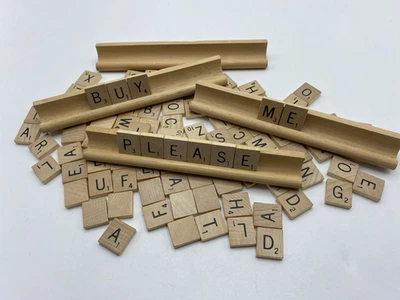 Scrabble 4 Replacement Wooden Tile Holder Racks Trays + 100 Wood Letter Tiles - Image 1 of 4