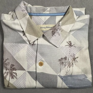 Tommy Bahama Shirt Mens XL Beige Silk Geometric Palm Tree Hawaiian Camp Resort - Picture 1 of 6