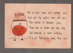 Vintage HALLOWEEN c1910 PARTY EINLADUNG JOL Kuchen HANDGEZEICHNET VOLKSKUNST Tischler - Bild 1 von 3