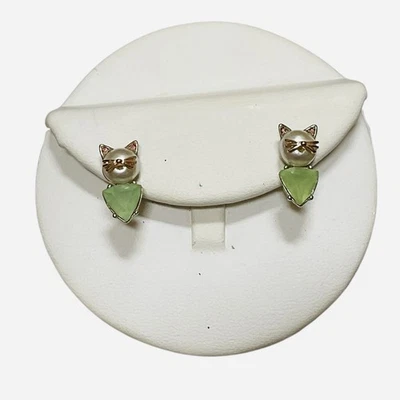 Aretes Betsey Johnson Gato Perla Imitación Cara Gatito Rosa Verde Estrás Foto 1 de 4
