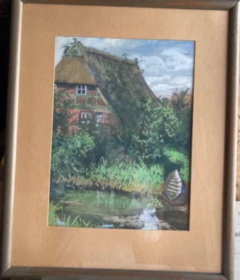 Gouache Undeutl. Vista de letrero desde casa con techo de paja en el estanque Wild Garden Foto 1 de 4