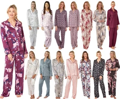 Ladies Sexy Floral Patterned Satin PJs Pyjamas Pajamas Set Full Length PLUS SIZE - Image 1 of 2