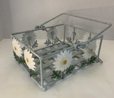 Wire Basket Metal Daisy Flowers Rectangular Vintage W/handles 8x10x4” - Image 1 of 4