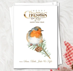 10 Personalised Robin Christmas Greetings Cards & Envelopes - Picture 1 of 3
