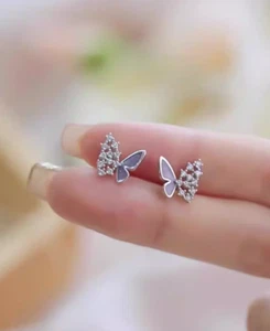 Tiny Silver Purple Butterfly Pave Cubic Zirconia Stud Earrings - Picture 1 of 2