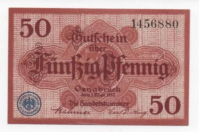 GERMANY OSNABRÜCK 50 PFENNIG 1917 BLU STAMPED NOTGELD EMERGENCY MONEY LOOK SCANS - Image 1 of 2