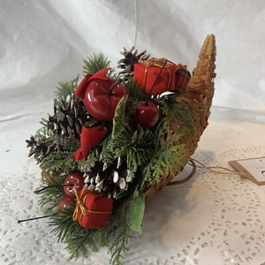 Vintage Wicker Christmas Holiday Cornucopia Loaded with Evergreen and Pinecones - Picture 1 of 10