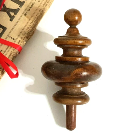 Antique French turned wood post finial topper for bed clock furniture pediment Cover