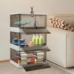 3 Stackable Storage Bins Closet Organizer Plastic Container Box w Doors & Wheels - Picture 1 of 22