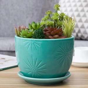 7 Inch Sunburst Design Round Ceramic Flower Pot w/ Attached Saucer, Aqua Blue - Picture 1 of 7