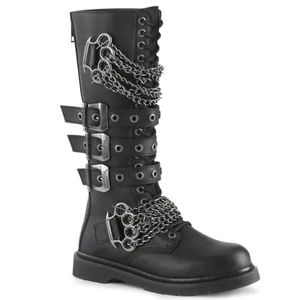 Black Leather Punk Knee High Lace Up Combat Boots Chains Moto Gang Demonia - Picture 1 of 2