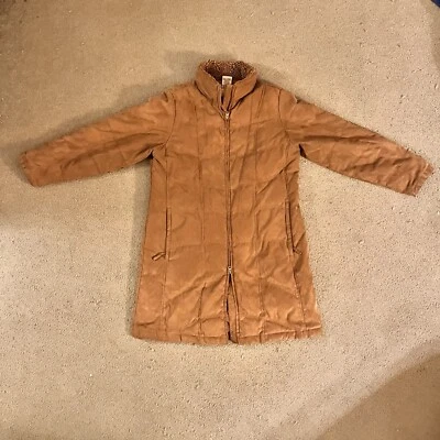 LL Bean Goose Down Jacket Womens L Petite Brown Faux Suede Button Up Puffer - Image 1 of 3