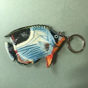 Schlüsselanhänger oder Rucksack Dekoration blau schwarz & orange lackiert Holz Ozean Fisch -   - Bild 1 von 10