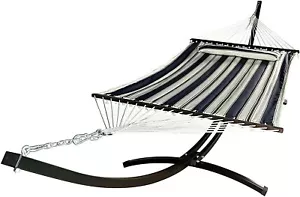 Soporte hamaca Petra Leisure 15 ft arco de acero negro con elegante cama a rayas azul/blanca - Imagen 1 de 2