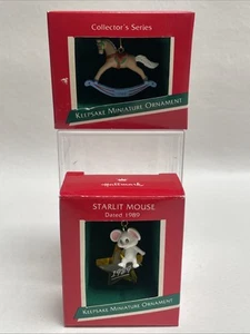 Lot Of 2 1989 Hallmark Miniature Ornament STARLIT MOUSE & ROCKING HORSE - Picture 1 of 5