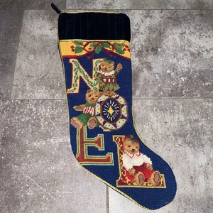 Vintage Wool Needlepoint Christmas Stocking Velvet Collar Bears Bear Noel - Picture 1 of 5