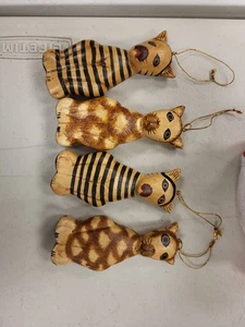 Hand Carved Wood Cat Ornaments Set 4 Folk Art Style Striped Spotted Cats Decor - Picture 1 of 11